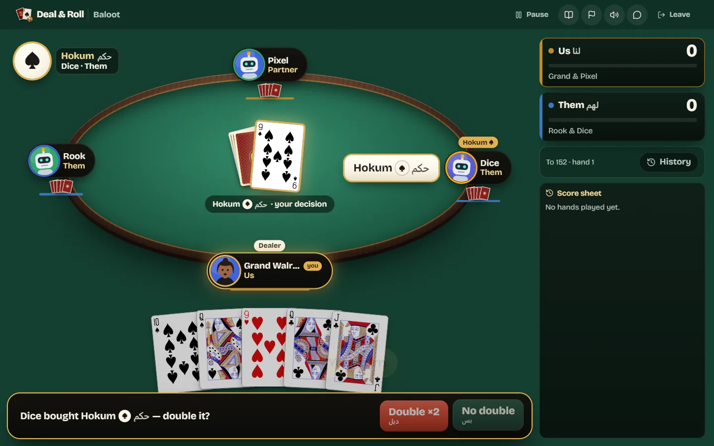 The doubling decision after an opponent bought Hokum in spades, with Double and No double buttons.