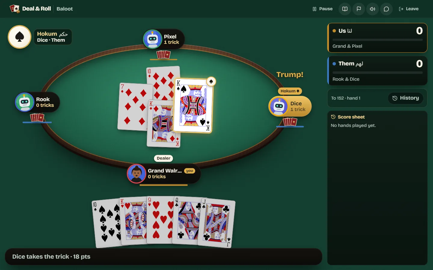 A Hokum trick where the king of trump beats two diamonds, with the tricks each player has taken.
