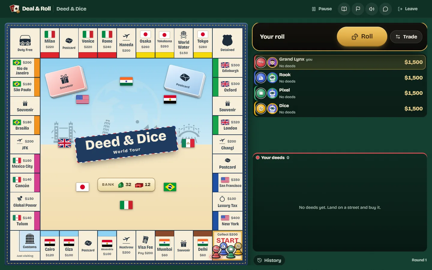 The Deed & Dice board with country colour sets, pawns on Start and each player's cash.