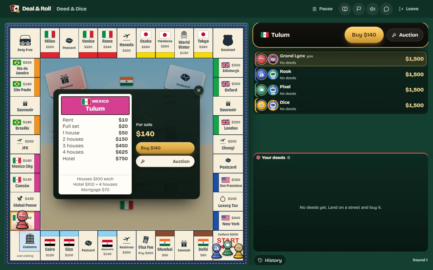 A player landing on an unowned street with the buy and auction choice shown.