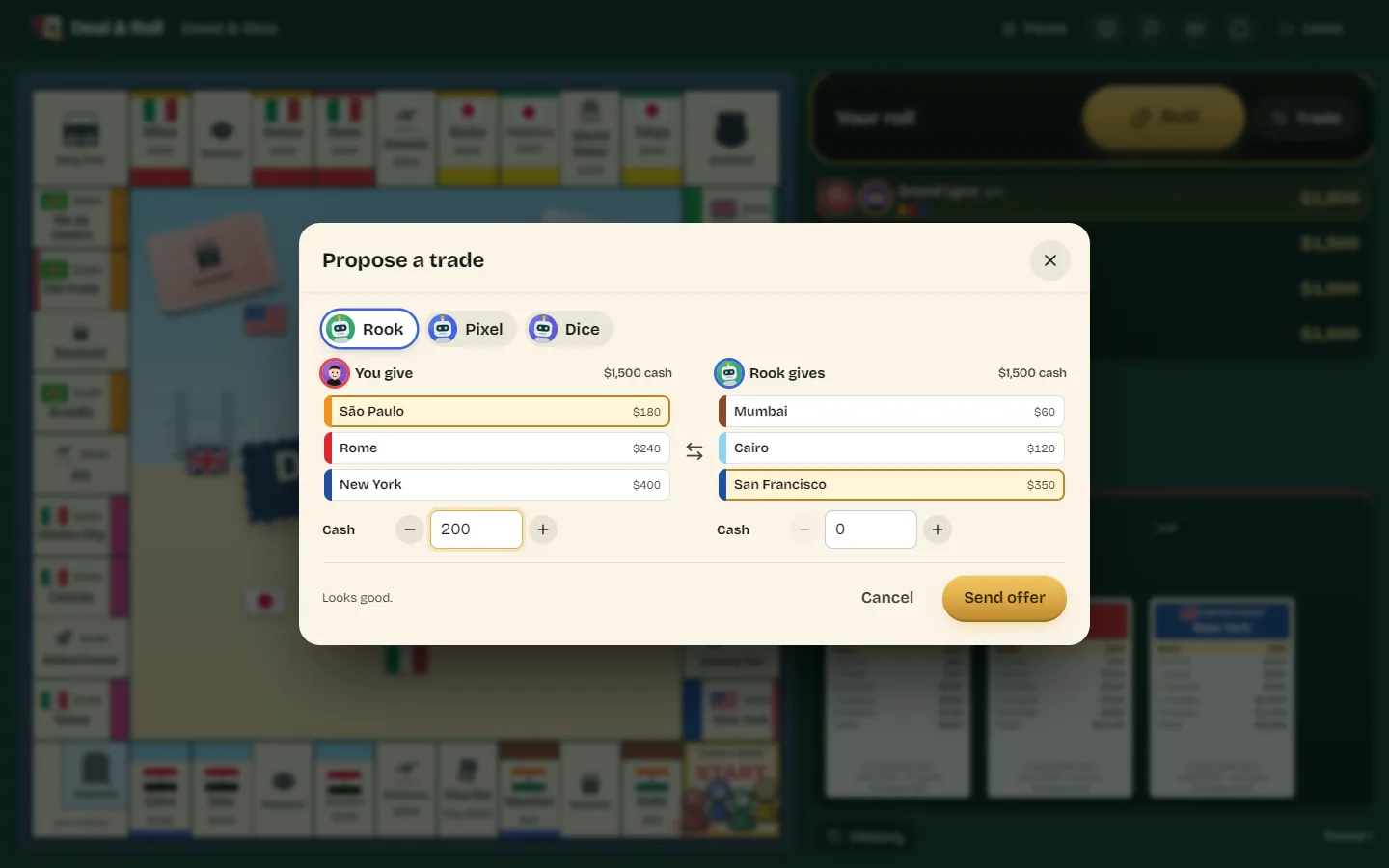 The trade window with streets and cash offered between two players.