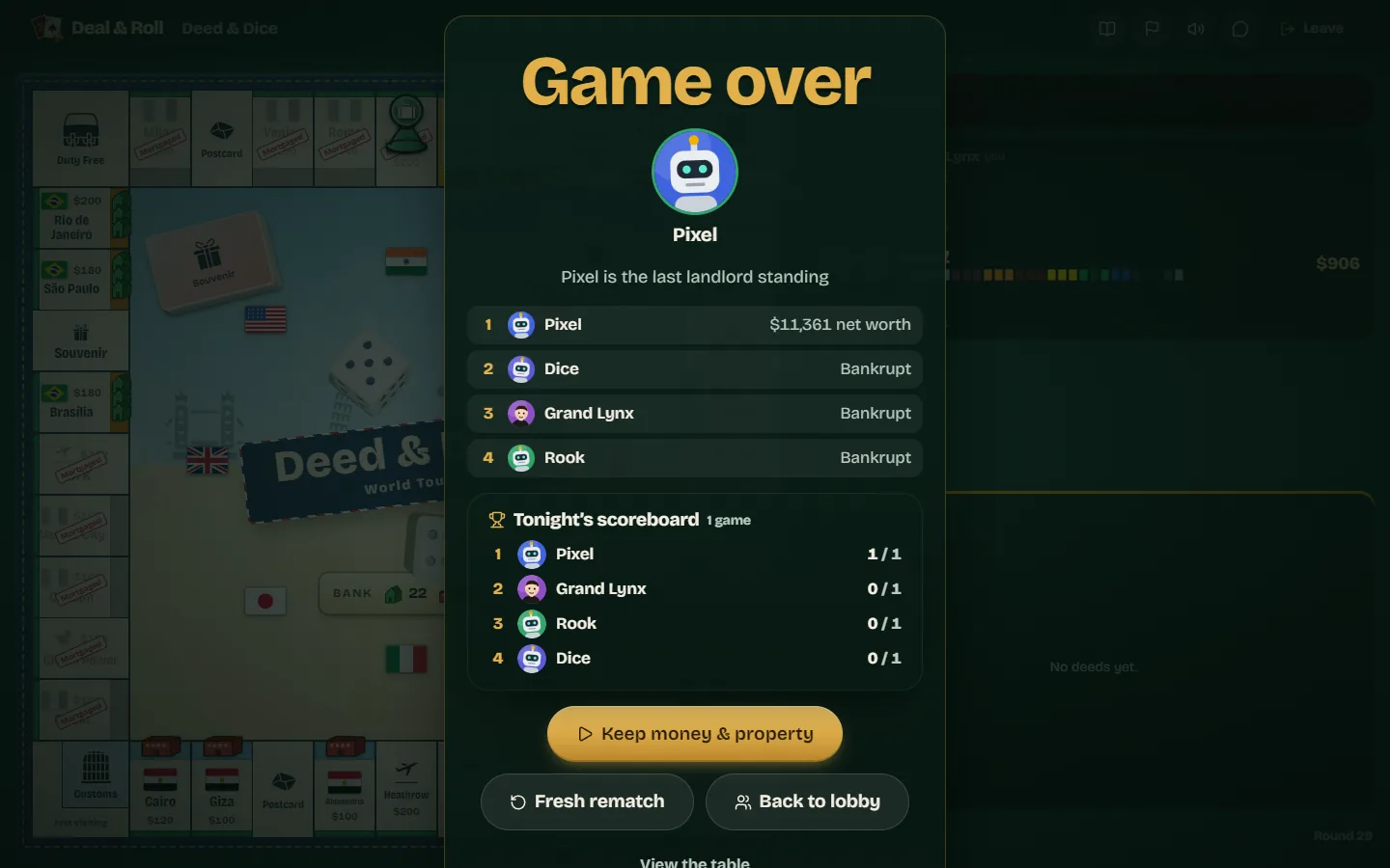 The final standings of a Deed & Dice game with the winner's net worth.