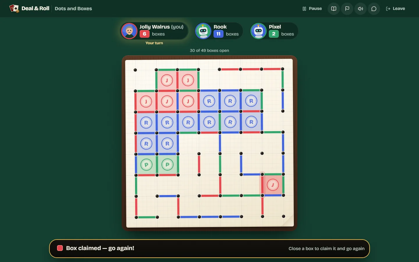 A three-player game on a 7 by 7 grid with boxes filled in red, blue and green and each player's initial inside.