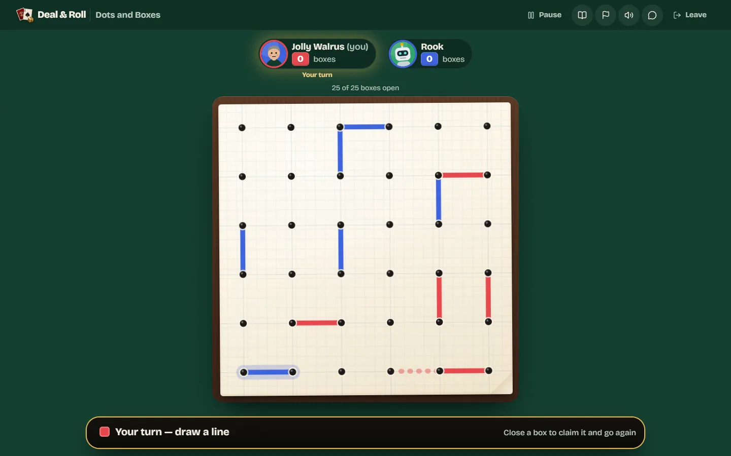The opening of a two-player 5 by 5 game with a few lines drawn and a dotted preview of the line the player is about to draw.