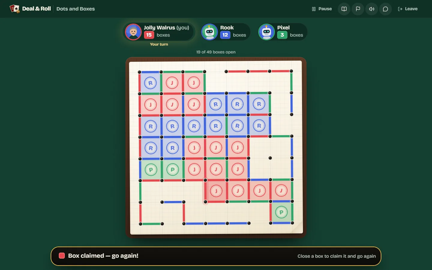 Late in a 7 by 7 game, most boxes are claimed and the remaining open area has split into chains.