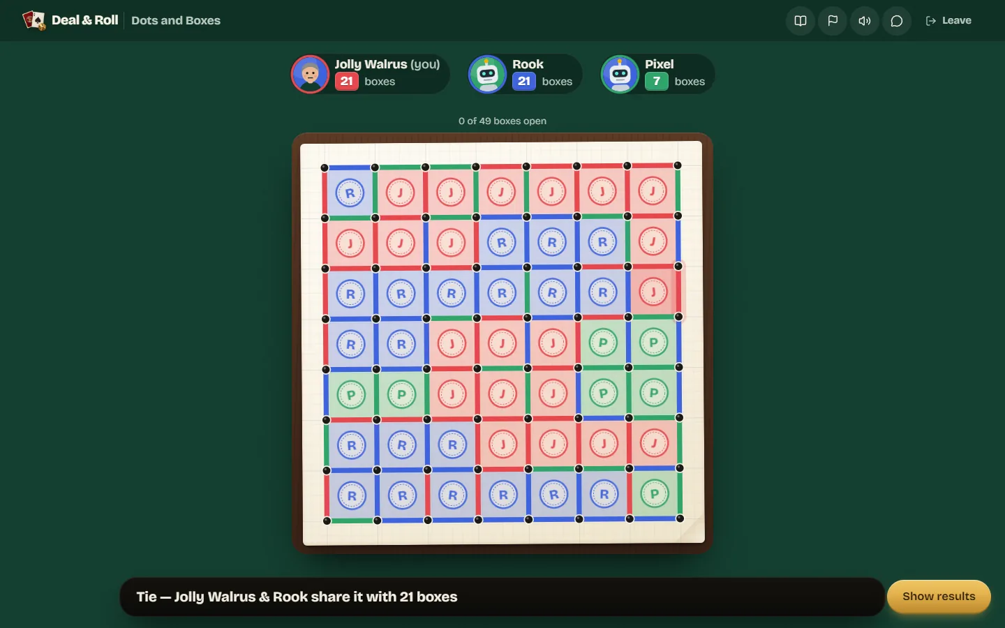 A finished 7 by 7 board with every box claimed and the result bar saying the player and Rook tie with 21 boxes each.
