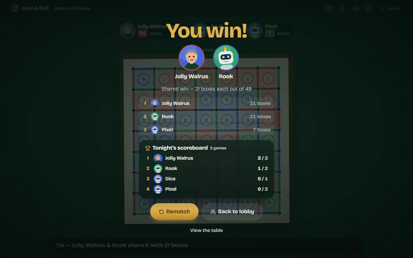 The result screen showing a shared win between the player and the bot Rook, with 21 boxes each out of 49.