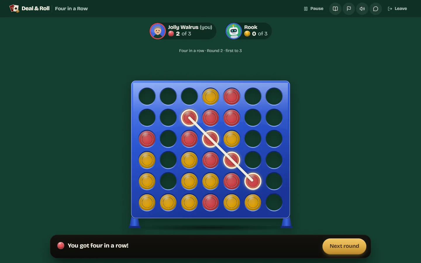 A blue 7 by 6 frame with red and yellow discs, where red has won with four discs on a diagonal marked by a line.