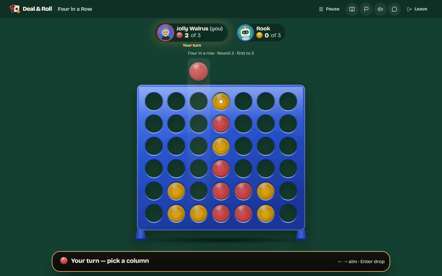 The player aims a red disc above the third column while the bottom bar says Your turn, pick a column.