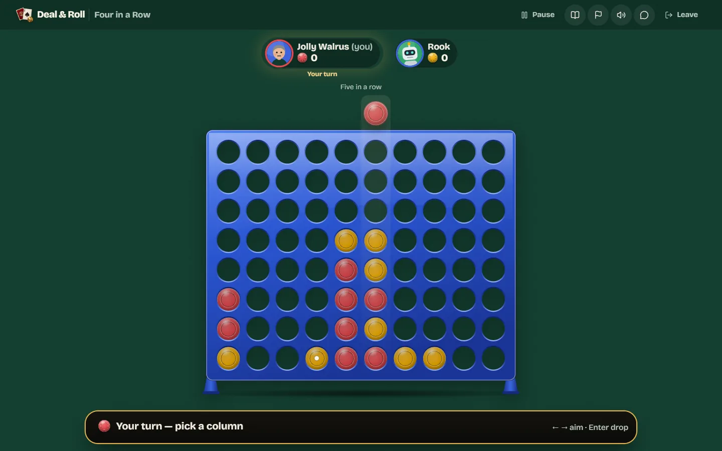 A larger 10 by 8 frame set to five in a row, with a game in progress and a red disc aimed at column six.