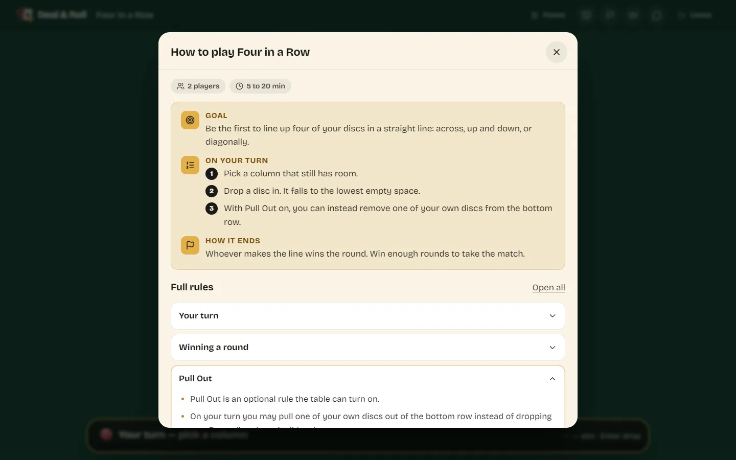 The How to play sheet for Four in a Row with the Pull Out rule section open.