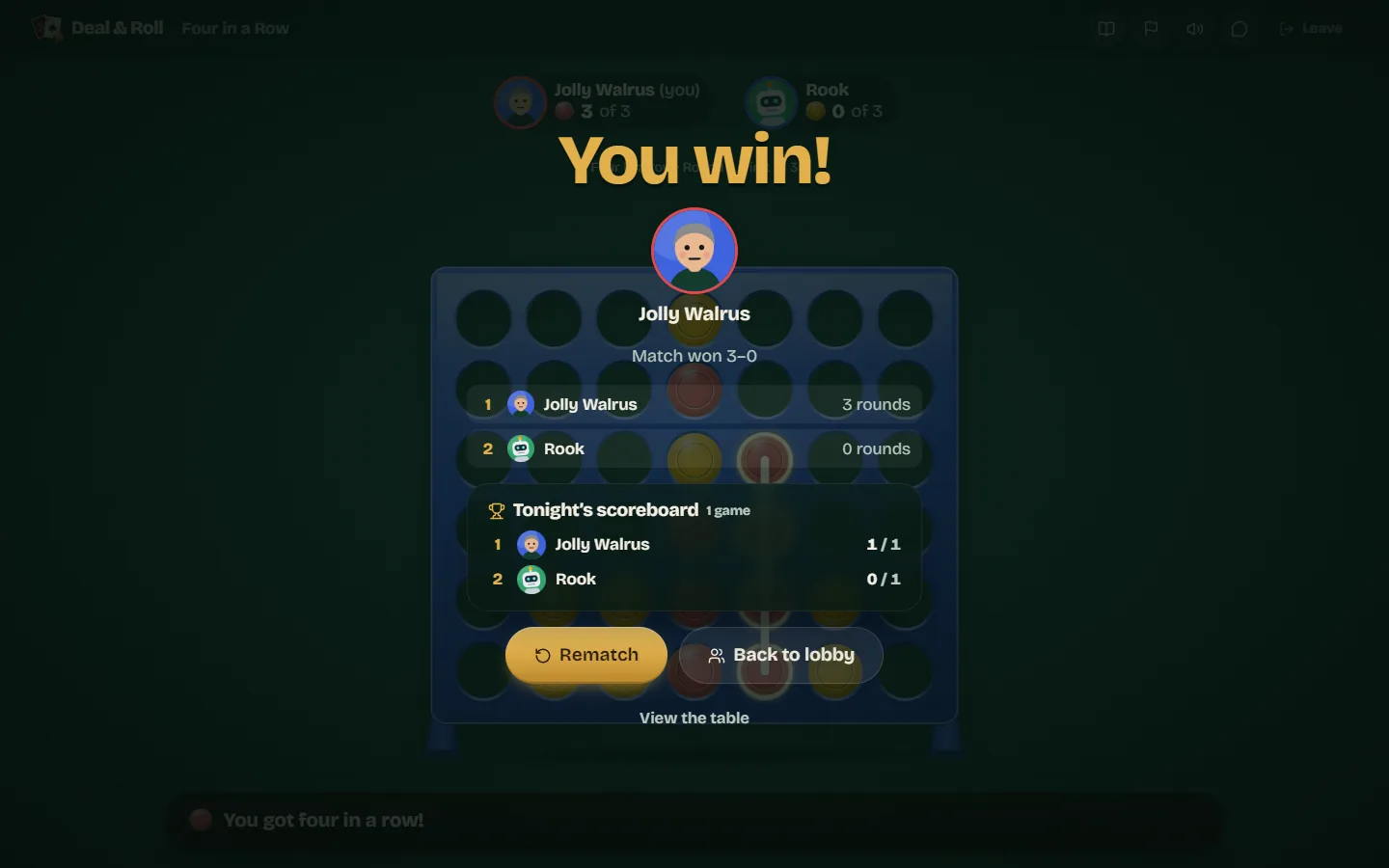 The match result screen showing the player won 3 to 0 against the bot Rook.