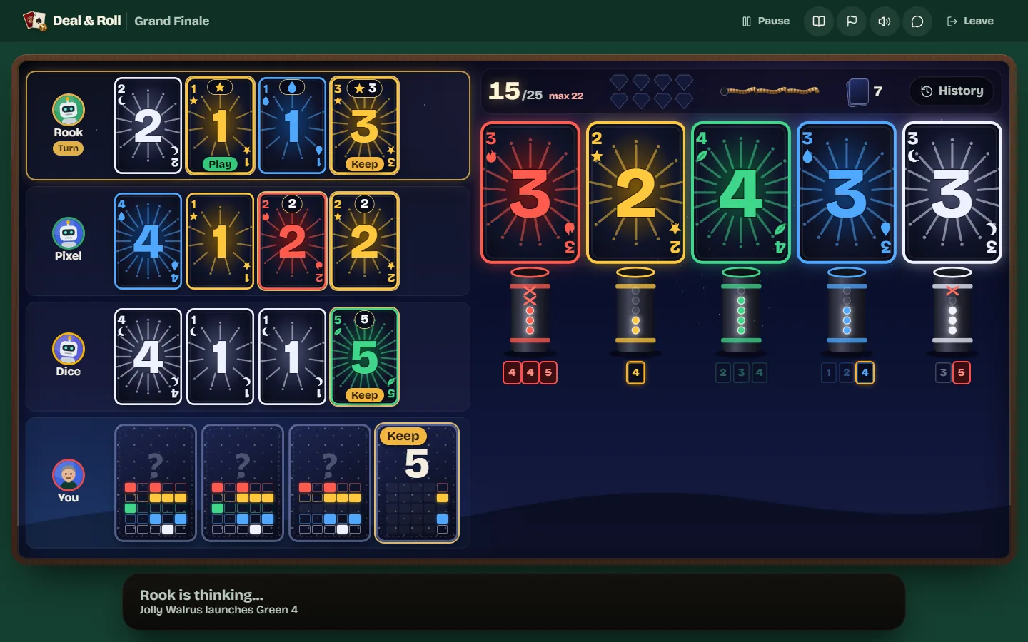 A four-player Grand Finale table at 15 of 25 points, with three bots' hands face up, the five firework piles and the player's own hidden hand with hint grids.
