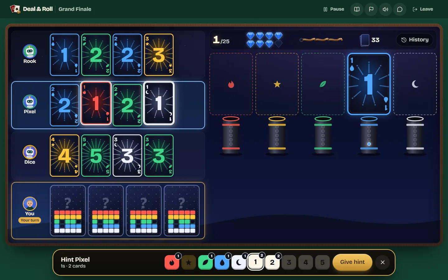 The hint bar open on a bot named Pixel, with the number 1 selected and both of Pixel's 1s highlighted.
