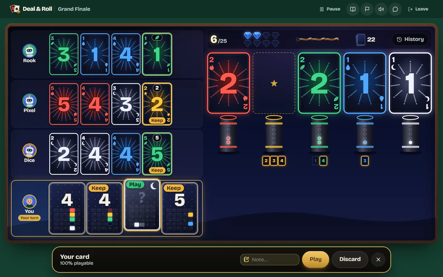 The player has selected a hidden card tagged Play, and the action bar shows it is 100% playable with Play and Discard buttons.