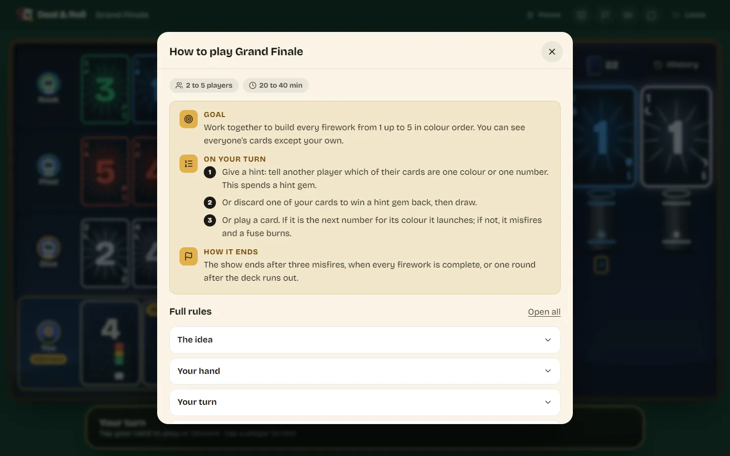 The How to play sheet for Grand Finale with the goal, the three turn options and how the show ends.