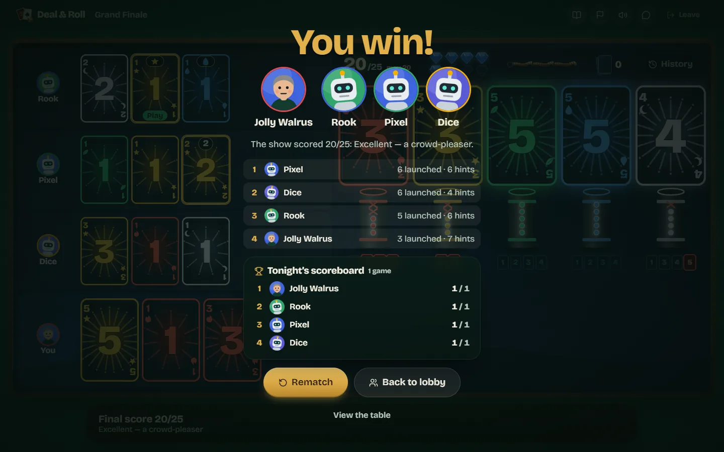 The end screen shows a final score of 20 out of 25, rated Excellent, with launches and hints for each player.