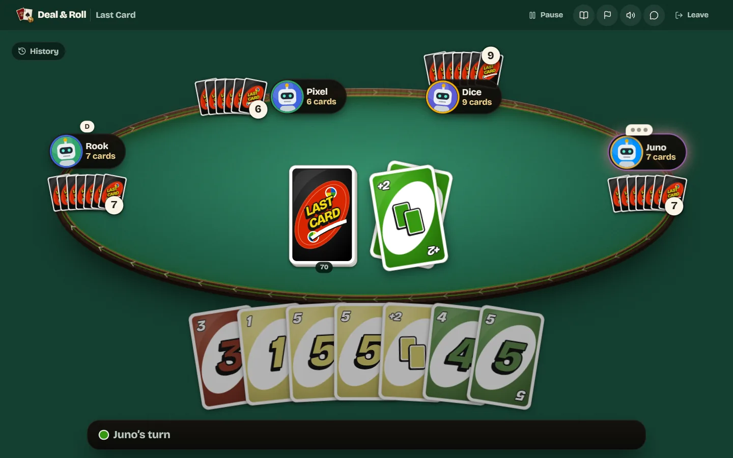 A five-player Last Card table at the start of a round, with a Draw Two on the discard pile and your hand at the bottom.
