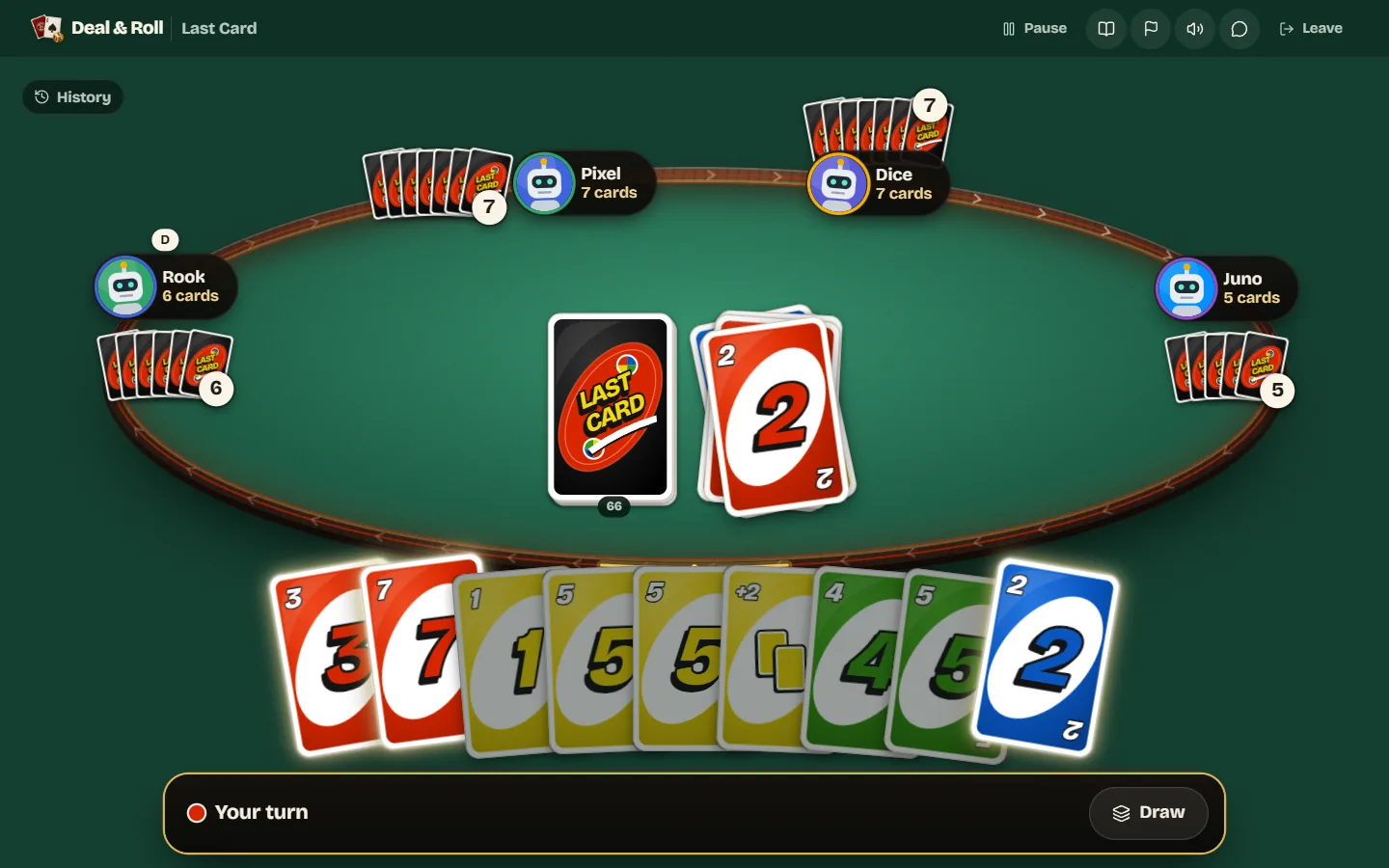 Your turn in Last Card, with the cards you can play raised and glowing.