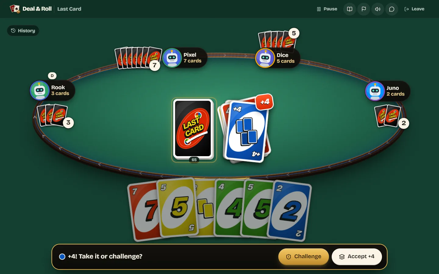 A Wild +4 on the discard pile, with buttons to challenge it or take the four cards.