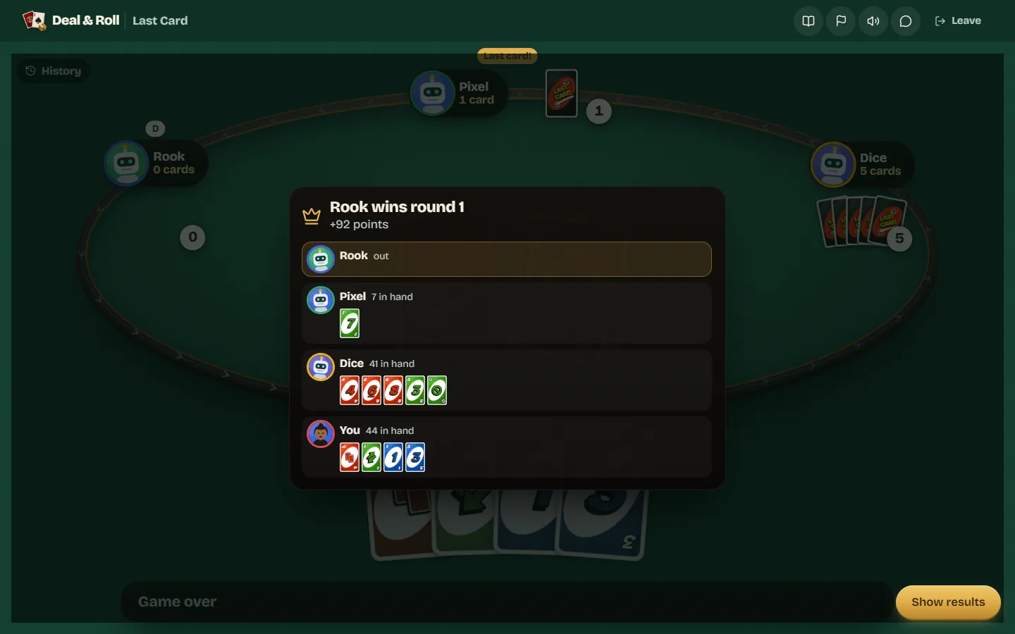 The round summary after a bot goes out, showing the cards and points left in each hand.
