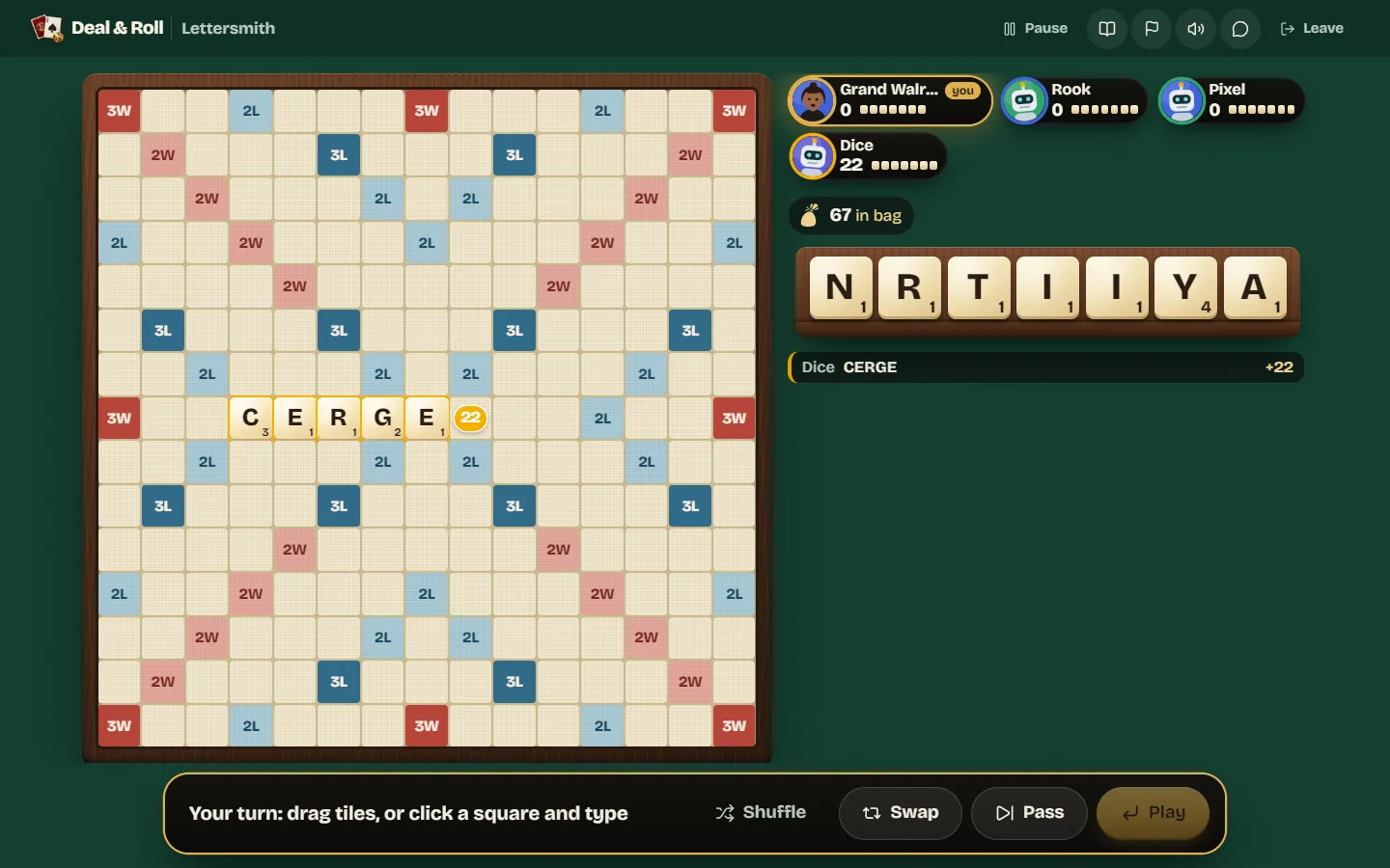 The Lettersmith board after the opening word, with coloured bonus squares and your rack of seven tiles.