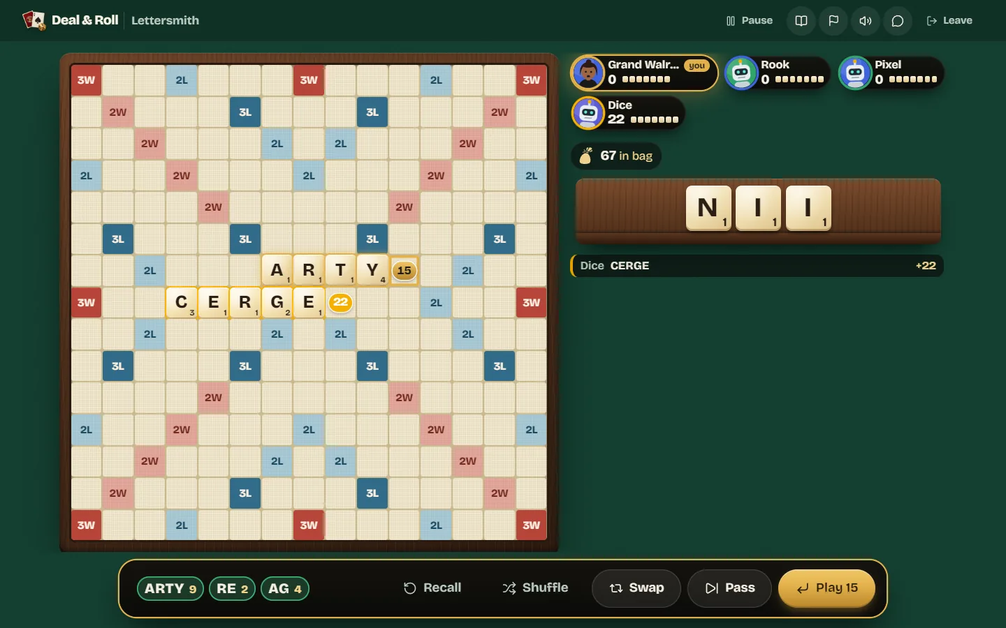 A word placed on the board before playing, with each new word and its score previewed in the action bar.