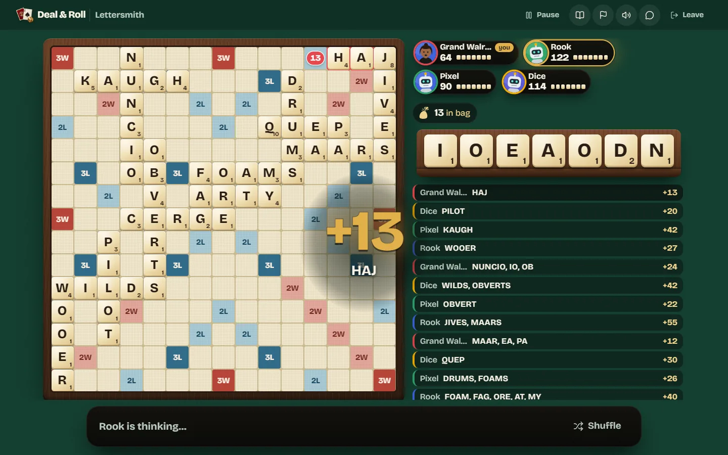 A word scoring mid-game, with the points shown over a busy board and the move history on the right.