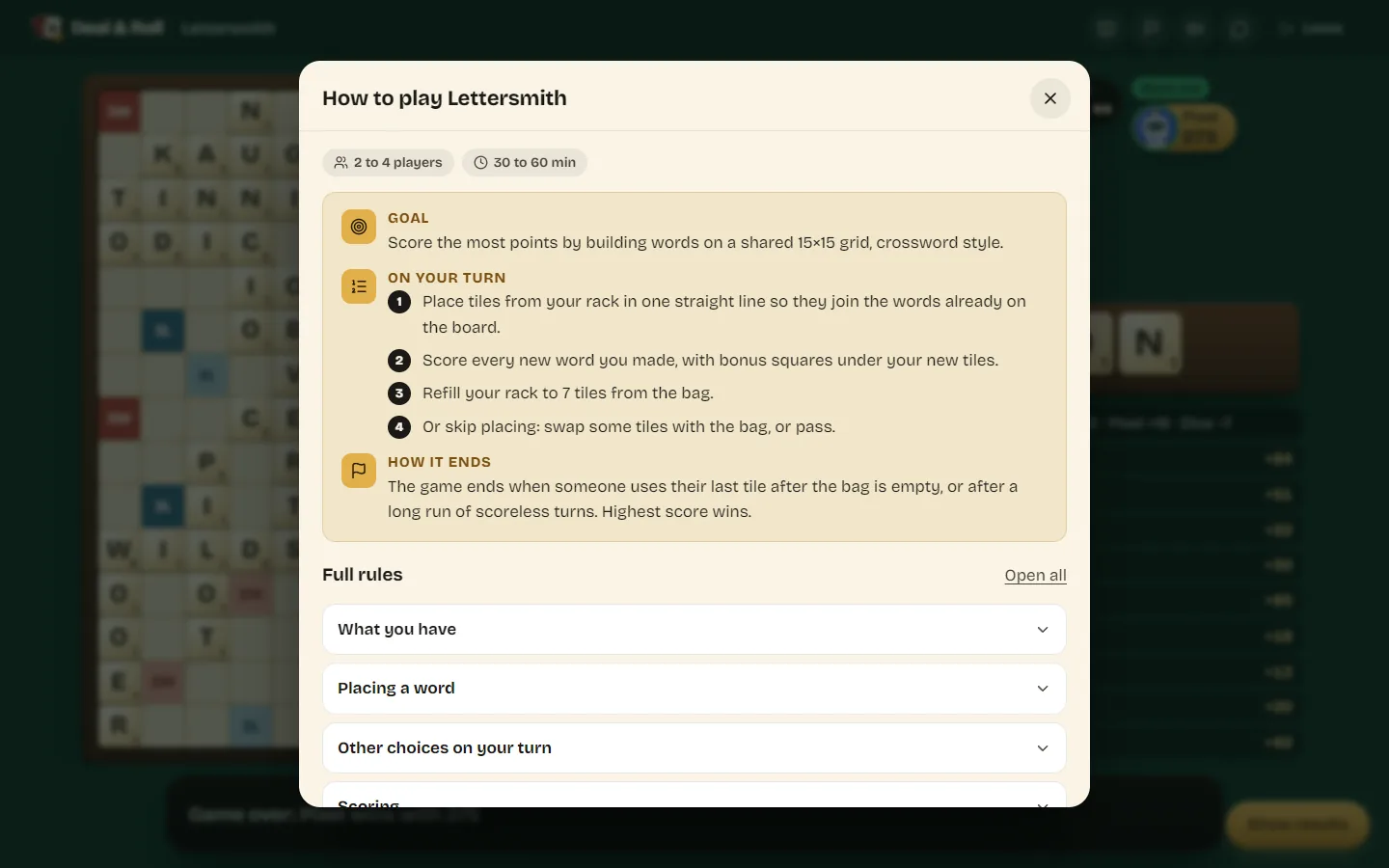 The How to play sheet for Lettersmith open over the board.