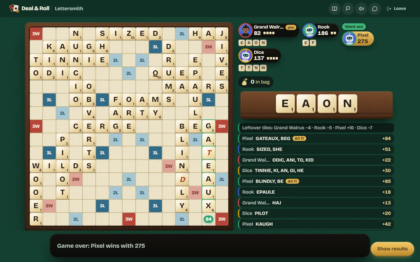 The final Lettersmith board with every score, the leftover tile penalties and a full-rack play worth 84 points.