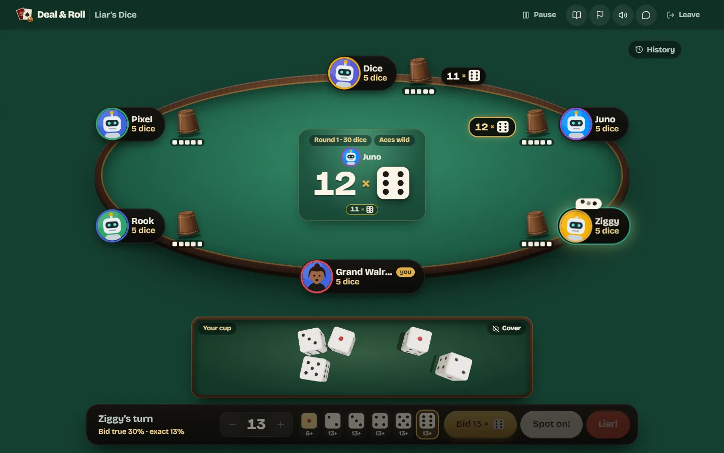 A six-player Liar's Dice table with every cup down, the current bid of twelve 6s in the middle and your own dice showing below.