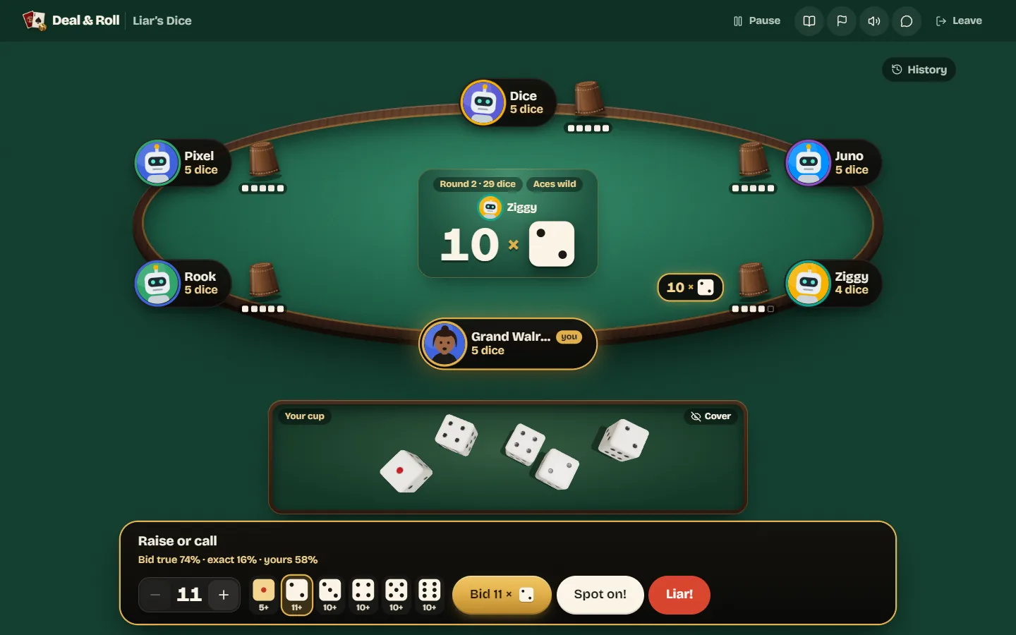 Your turn to raise or call, with the bid picker, the Liar and Spot on buttons, and the odds helper showing the chance the bid is true.