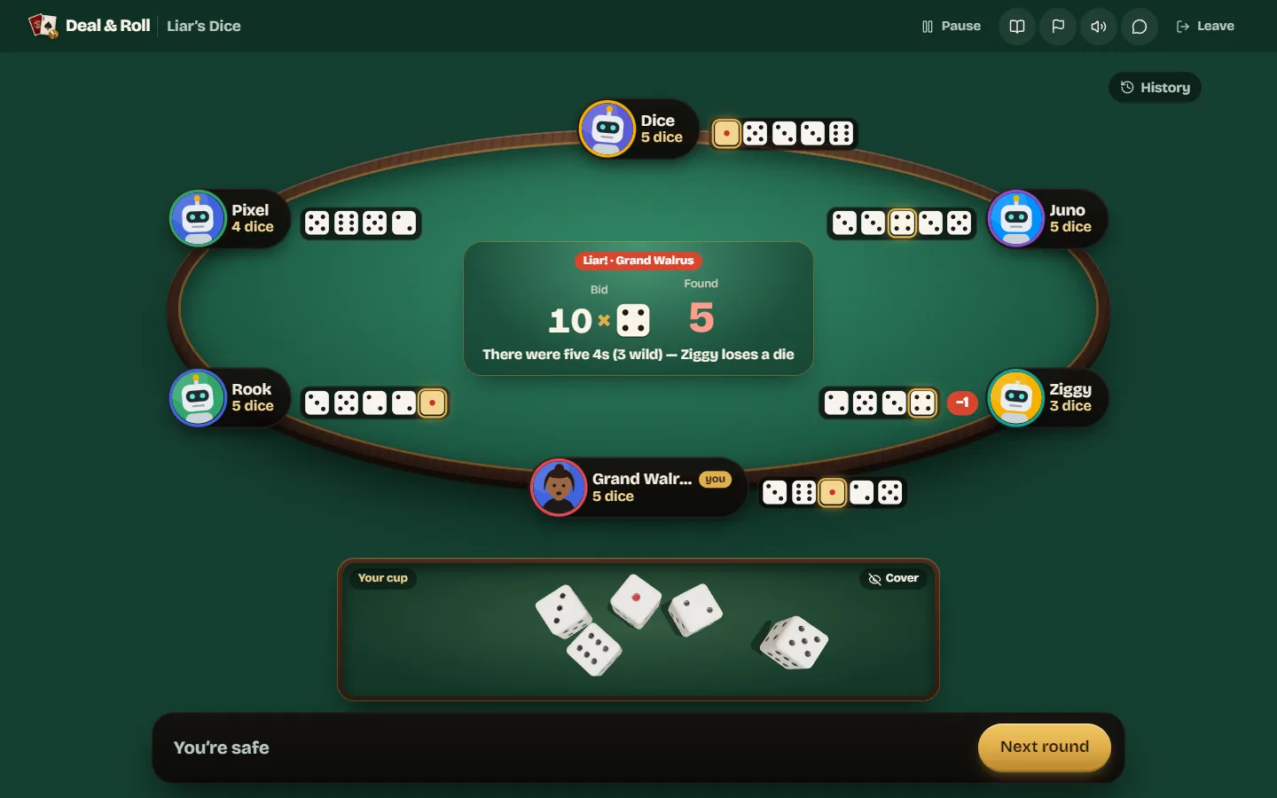 Every cup lifted after a Liar call, with the matching dice highlighted and the count compared against the bid.