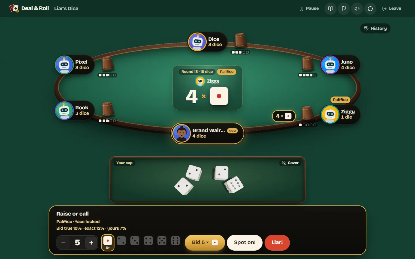 A Palifico round after a player drops to one die, with aces not wild and the face locked.