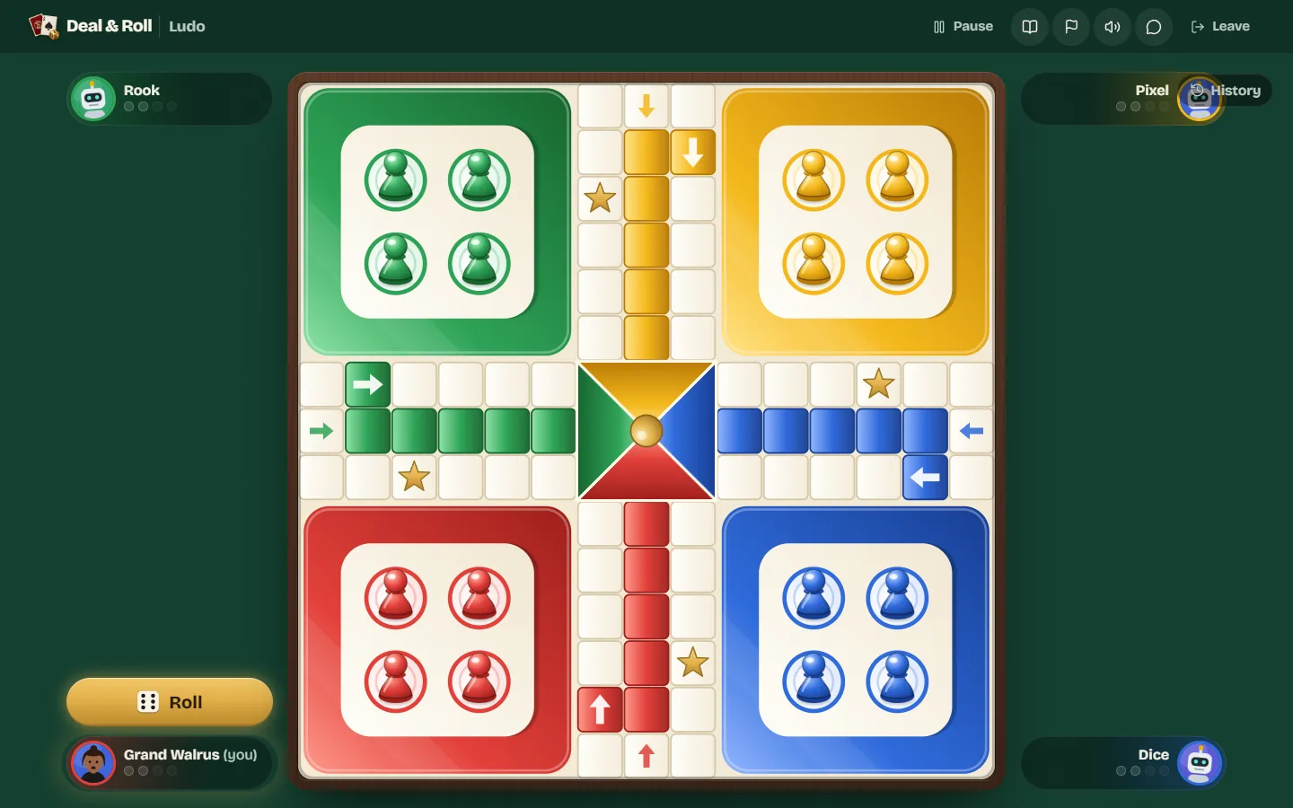 A four-player Ludo board at the start, with every token waiting in its coloured yard.