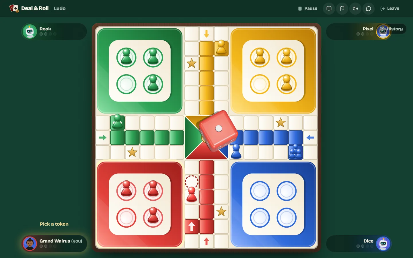 Your turn after rolling a 1, with the landing square previewed for the token you can move.