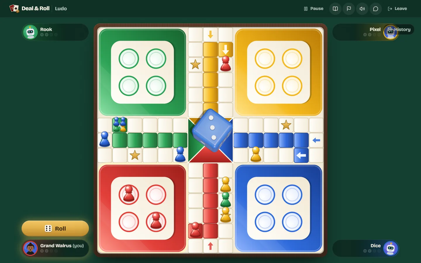 A Ludo game in progress with tokens of every colour spread around the track.
