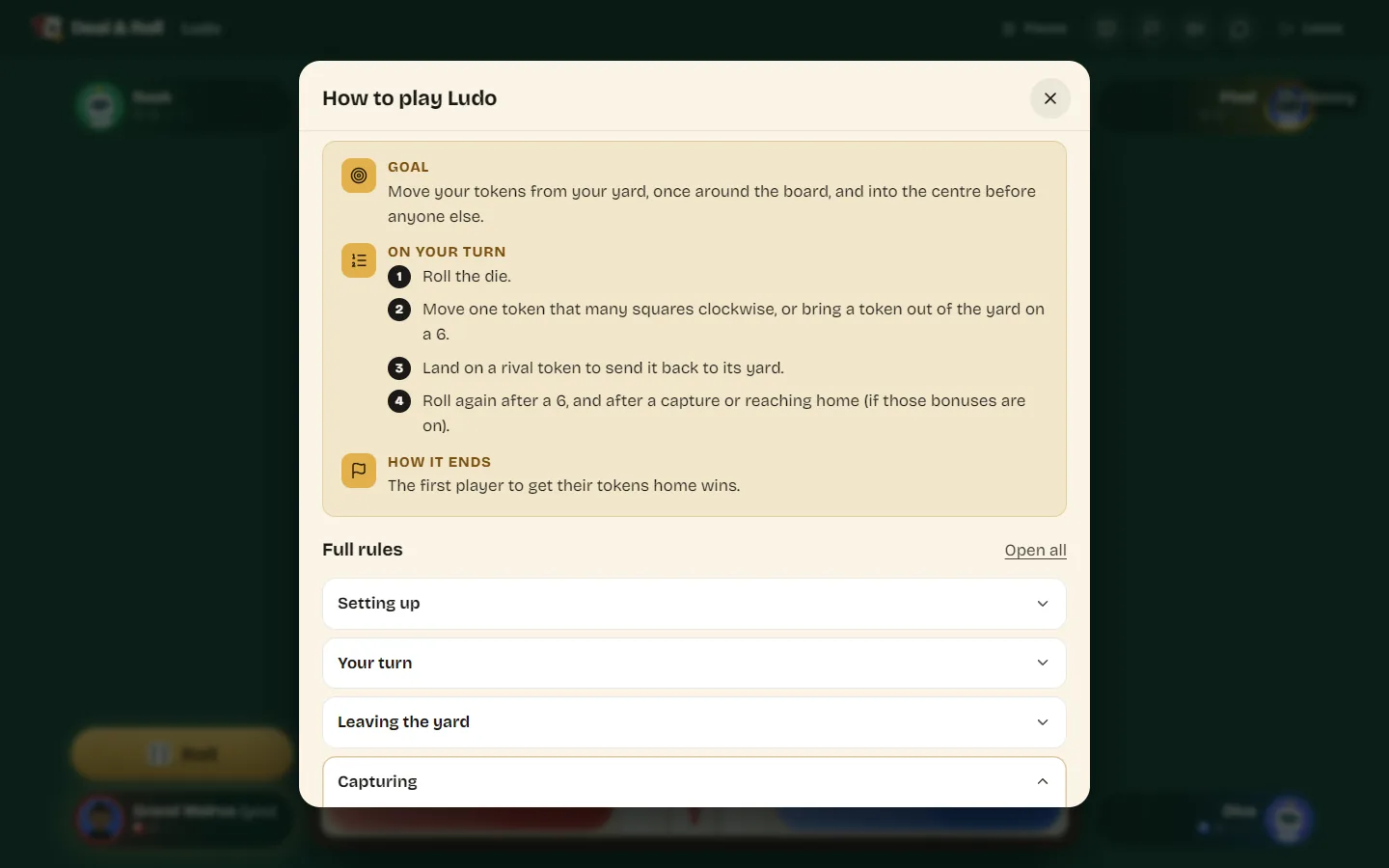 The How to play sheet for Ludo open over the board.