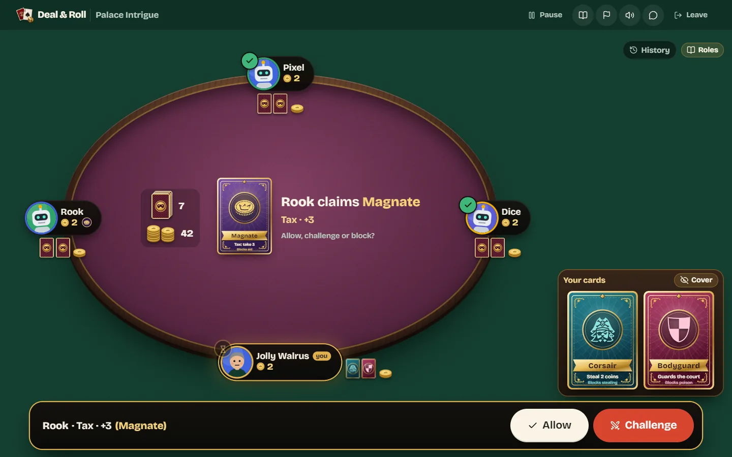 A four-player table where the bot Rook claims the Magnate to tax 3 coins, and the action bar offers Allow or Challenge.