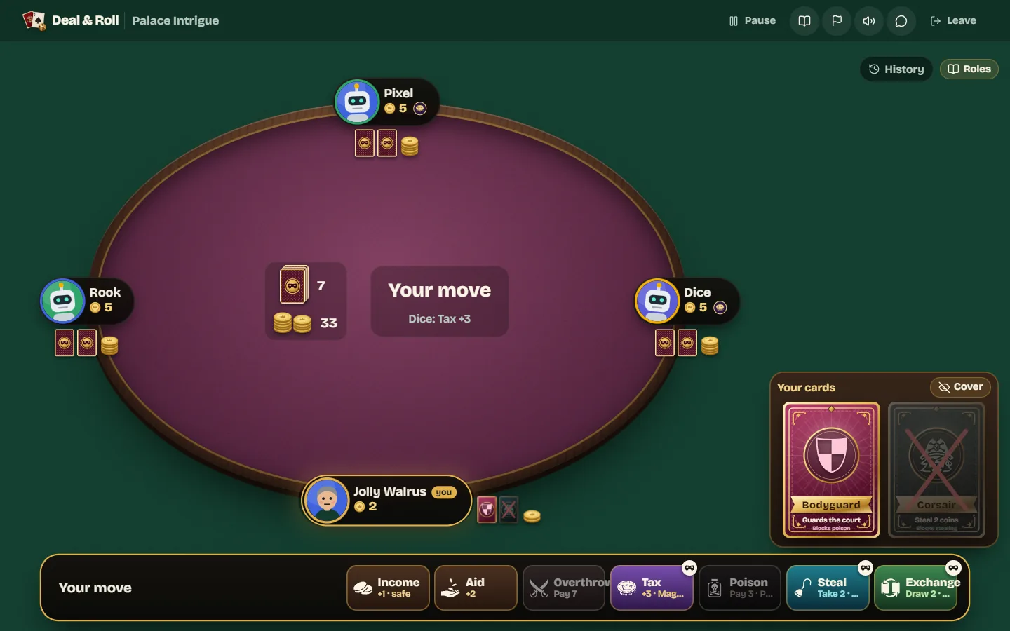 The player's turn with one card lost, and an action bar of Income, Aid, Overthrow, Tax, Poison, Steal and Exchange, with masks marking the bluffs.