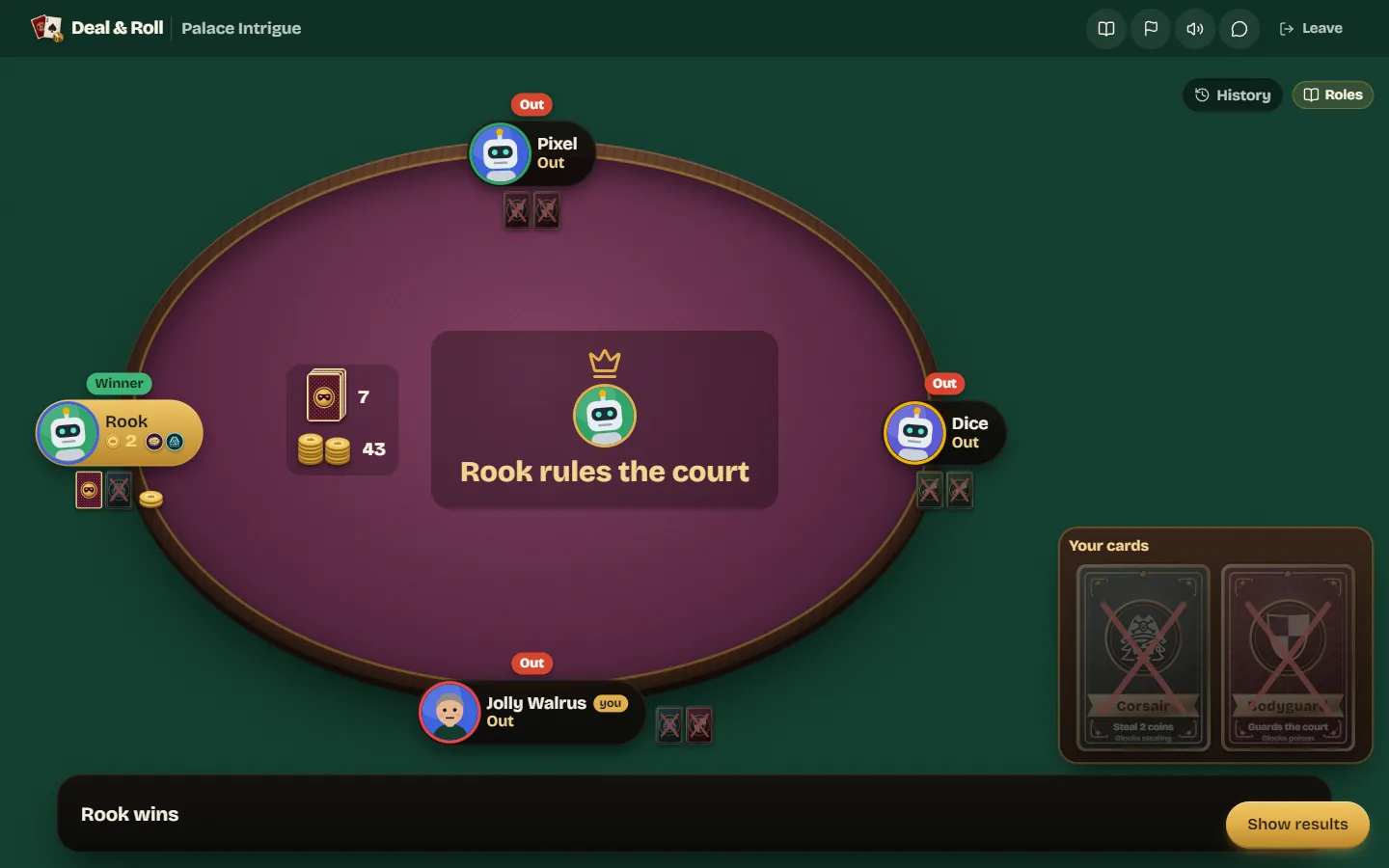 The final table with three players out and Rook marked as the winner, holding the last face-down card.