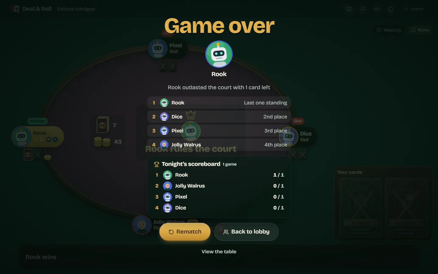 The game over screen with Rook in first place as last one standing and the order the other players were knocked out.