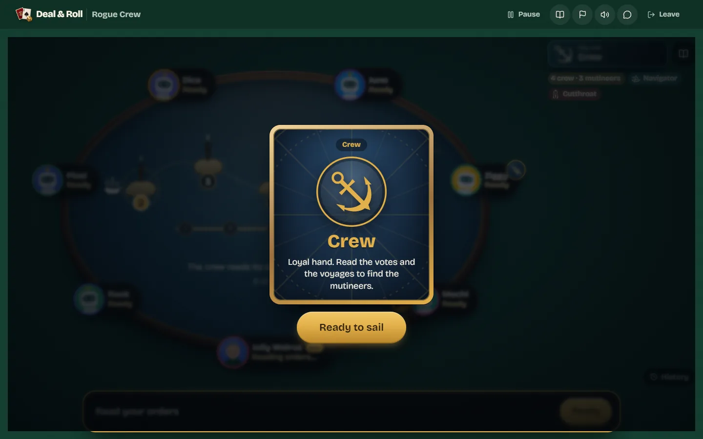 The role card reveal showing the player is loyal Crew, over a blurred table.