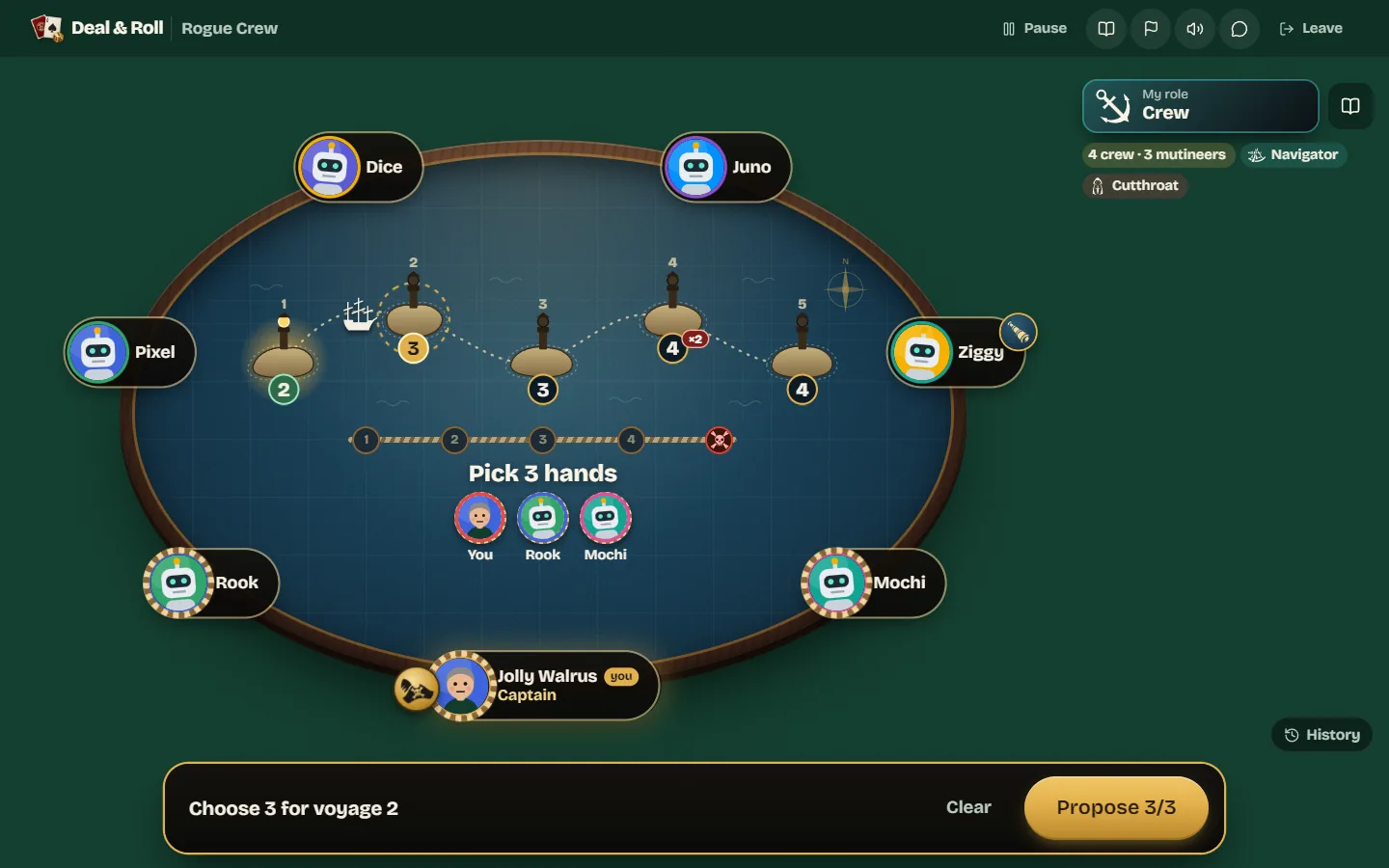 The player as captain has picked three hands for voyage 2 and the action bar shows Propose 3/3.