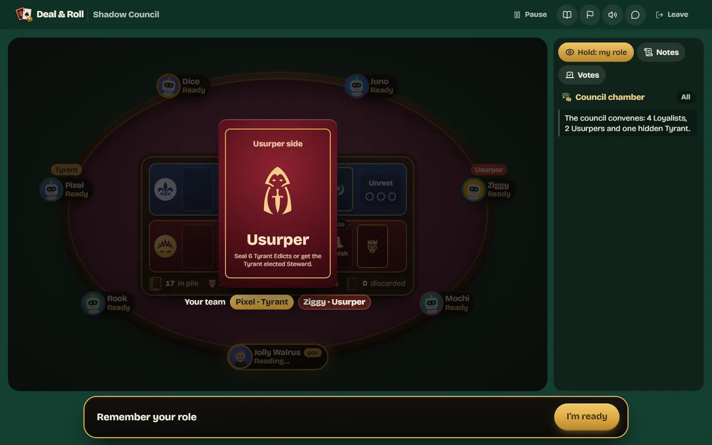 The role card reveal showing the player is a Usurper, with teammates Pixel the Tyrant and Ziggy the Usurper listed below.