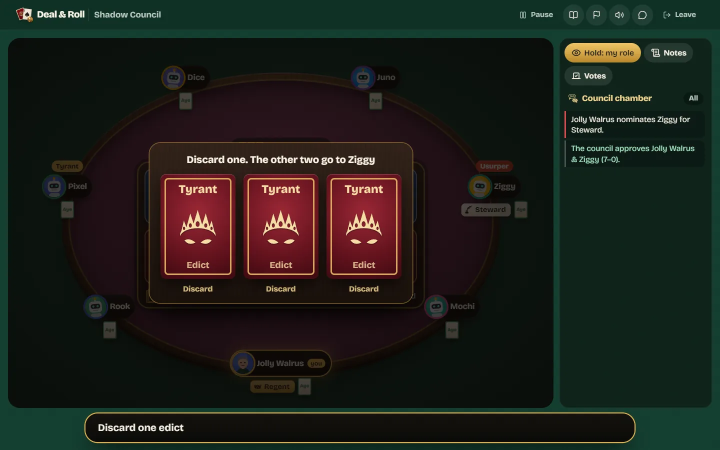 The Regent's secret hand of three Tyrant Edicts with a Discard button under each one.