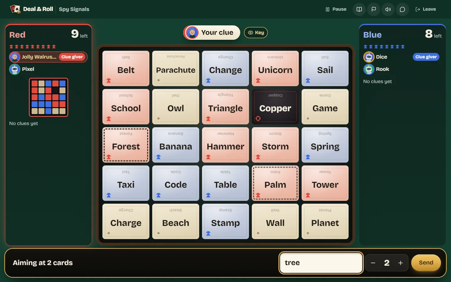 The clue giver's view of a 5 by 5 word grid with the key shown in red, blue and beige, two cards marked as targets and the clue "tree 2" typed in.