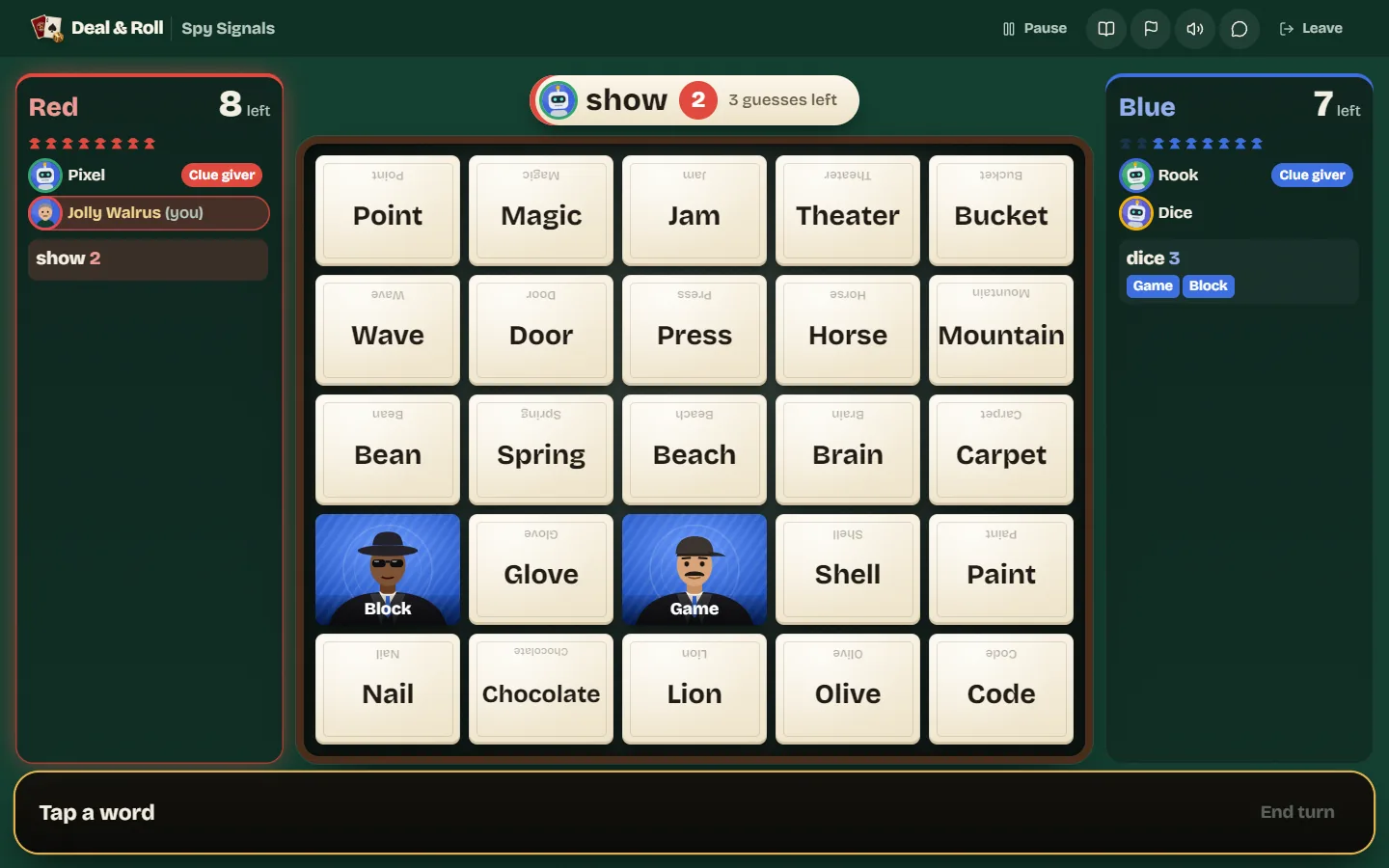 A guesser's view of the grid with the bot clue "show 2" at the top and two blue agents already found by the other team.