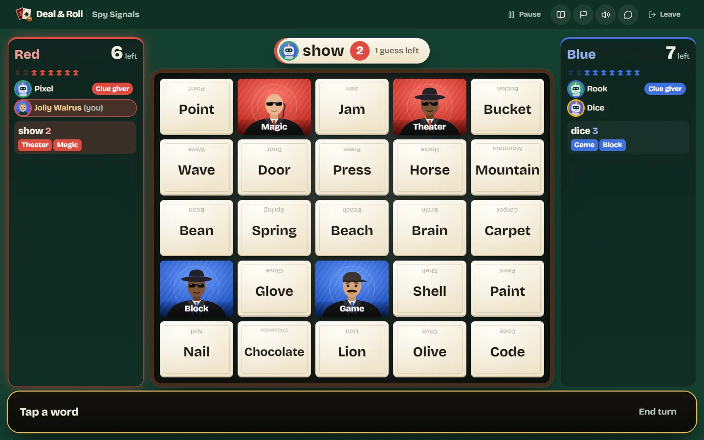 Theater and Magic flipped to red agents after the clue "show 2", listed under the Red team panel.
