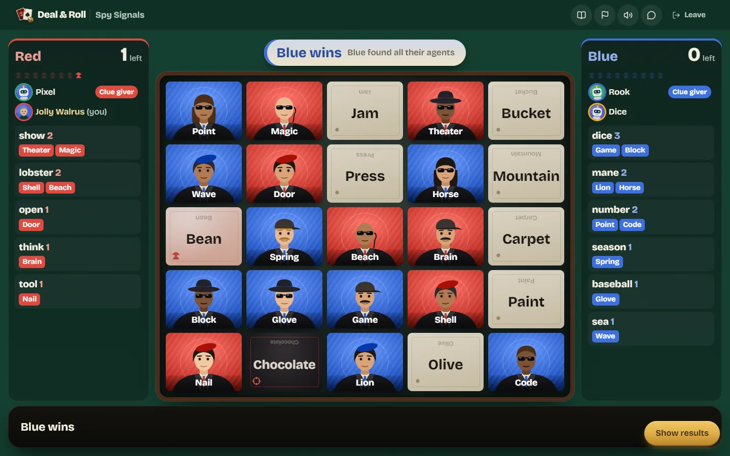 The finished board with every card revealed and each team's clues and guesses listed down both sides.
